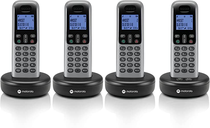 Motorola Voice Cordless Phone System w/ 4 Digital Handsets   Answering Machine, Remote Access, Call Block - Dark Grey (T614)