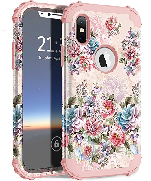 iPhone X Case, iPhone 10 Case, Hocase Shockproof Silicone Rubber Bumper Hard Shell Hybrid Full-Body Protection Case with Raised Edges for Apple iPhone X 5.8" (2017) - Peony Floral Print / Rose Gold