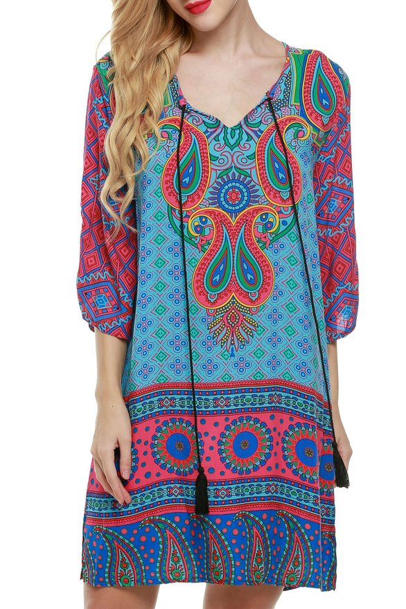 ACEVOG Women's Summer Ethnic Style Tribal Printed Mini Beach Floral Tunic Dress