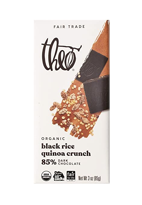 Theo Chocolate Organic Black Rice Quinoa Crunch 85% Dark Chocolate Bar, 3 Ounce Bar, 6 Pack