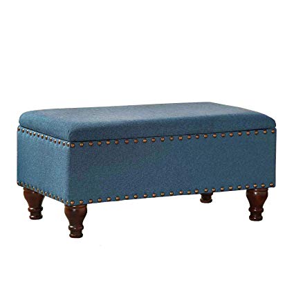 HomePop Linen Storage Bench with Nailhead Trim and Hinged Lid, Blue