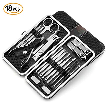 Professional Nail Clippers Manicure Set with Black Leather Case- Stainless Steel 18 in 1 Nail Clipper Set Portable Travel Grooming Kit - Facial, Cuticle and Nail Care for Men and Women, Nail Tools