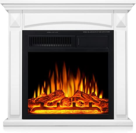 R.W.FLAME 25" Electric Fireplace Mantel Wooden Surround Firebox, Freestanding Fireplace, Home Space Heather, Adjustable Led Flame, Remote Control,750W/1500W, White,Thin(25" Hx27 Wx8 D)