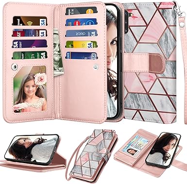 Njjex Wallet Case For Samsung Galaxy Note 10 Plus, For Galaxy Note 10  Plus 5G Case, [9 Card Slots] PU Leather Card Holder Folio Flip [Detachable] Kickstand Magnetic Phone Cover & Lanyard -Marble Pink