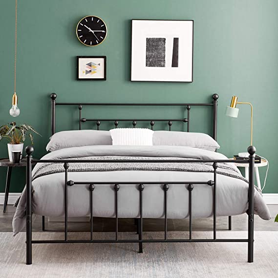 VECELO Double Bed Frame Metal Bed Base Platform with Headboard and Footboard storage Victorian Style for Adult,Kids, Teenagers (Black, 190 * 135cm)