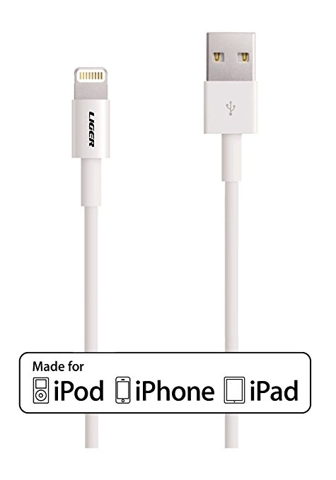 Apple MFI Certified, Liger® Apple Certified Lightning to USB Sync & Charge Cable Made for iPhone 6, 6S, 6 plus (3.4 Feet), for iPad (5th Generation) (White)