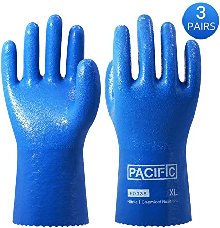 Pacific PPE 3Pairs Nitrile Chemical Resistant Gloves,Heavy Duty Safety Work Gloves,Reusable Industrial Gloves Resist Acid, Alkali, Solvent and Oil,Nitrile Glove(Blue,L)