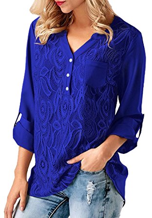 Shele Women's Loose Solid Roll Tab Sleeve Lace Panel Casual Blouses Tops