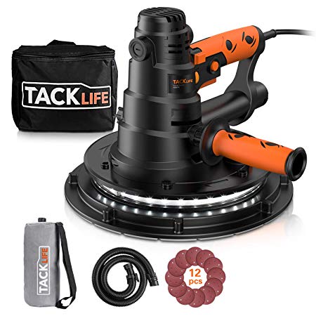 TACKLIFE Handheld Drywall Sander, Automatic Vacuum System & LED Light, 12 Pcs Sanding Discs and a Carry Bag, 6.7A Electric Drywall Sander with Dust Collection System, 15ft Cable Variable Speed PDS03B