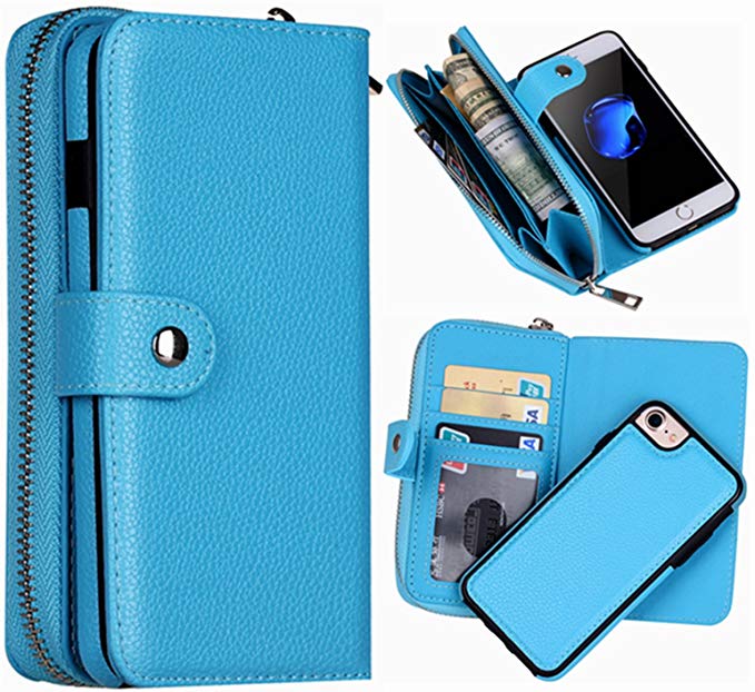 Hynice iPhone 6 Plus Wallet Case, iPhone 6S Plus Wallet Purse Case Leather Zipper Case with Credit Card Slots and Magnetic Detachable Slim Cover for iPhone 6 Plus/6S Plus 5.5"(Litchi-Blue)