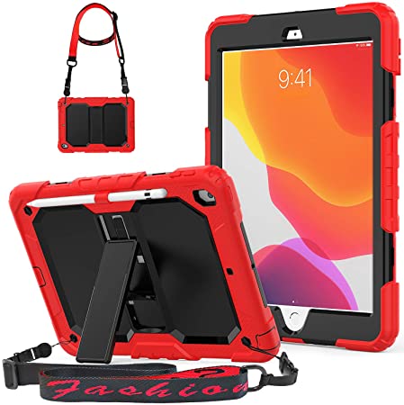 HXCASEAC iPad 7th Generation Case, [Full Body] Shockproof Hybrid Protection Case with [Stand] & [Shoulder Strap] & [Pencil Holder] for iPad 7 Gen 10.2” Case 2019 (Apple iPad A2197,A2200,A2198), Red
