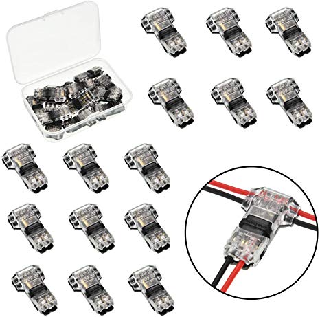 Tatuo 15 Pieces of 2 Pin 2 Way Wire Connectors Low Voltage Universal Compact Wire Connectors without Wire-Stripping for 18-22 AWG Cable, T Tape