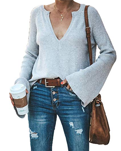 HZSONNE Women's Casual Crew Deep V Neck Kimono Bell Sleeve Loose Fit Solid Pullover Sweater Knitted Jumper Tops Knitwear