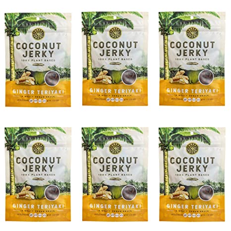 COCOBURG Vegan Coconut Jerky - Ginger Teriyaki Flavor | Paleo, Vegetarian, Keto, Gluten Free, Soy Free, Natural, Plant-Based, Clean, Whole 30, Low-Carb, Non-GMO, Healthy Snack, Coconut Aminos | 6 bags