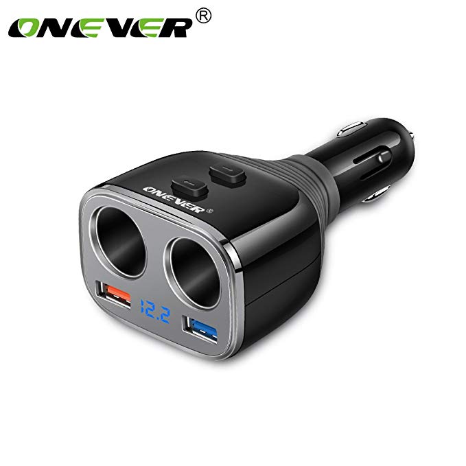 ONEVER 2-Socket Cigarette Lighter Splitter Car Charger Adapter QC 3.0 2.4A Smart Charger Dual USB Ports 80W DC 12-24V for iPhone iPad Android Samsung