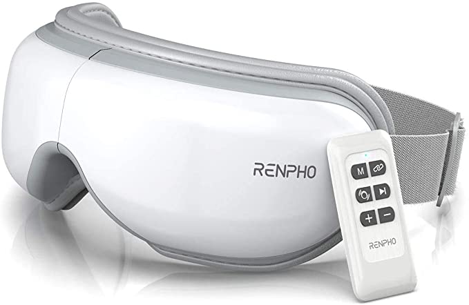 RENPHO 2.0 - Eye Massager with Remote Control & Heat, Compression Bluetooth Music Rechargeable Eye Heat Massager for Relax Eye Strain Dark Circles Eye Bags Dry Eye Improve Sleep (White)