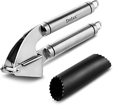 Deiss PRO Garlic Press and Silicone Garlic Peeler Set - Best Tool for Mincing Garlic and Ginger in Seconds - Rust-Proof Stainless Steel and Extremely Easy to Clean - Dishwasher Safe