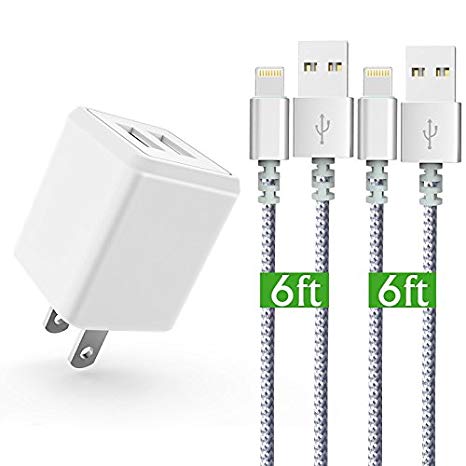 iPhone Charger,KerrKim Dual Port Usb Charger Power Adapter with 6 FT [2-PACK] Nylon Braided Lightning Cables Charging Cord for iOS, iPhone X/8/7/6/6S/6S Plus/5S/5C/5/iPad & more