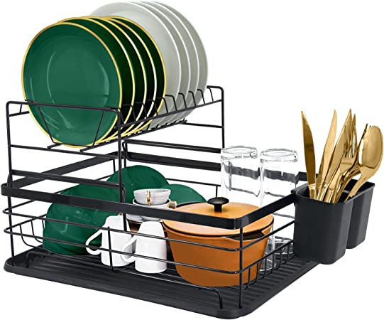 Dish Drainer Rack Drying rack, Black Dish Dryer Rack with Removable Drip Tray for Kitchen - Sink Dishes Drainboard Racks Set - 2 Tiers Black Anti Rust Wire Draining Rack