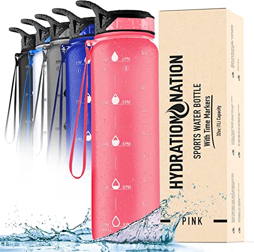 Hydration Nation (32oz) Water Bottle With Time Marker - Leak Proof Water Bottles With Times To Drink For Fitness & Sports - 32oz Water Bottle With Straw For Drinking - Water Tracker Bottles (Pink)