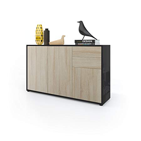 Vladon Cabinet Chest Drawers Ben V3, Carcass in Black High Gloss/Front in Rough-sawn Oak