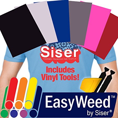SISER EasyWeed Heat Transfer Vinyl, 12 x 15" 6-Color Starter BUNDLE including Vinyl Wrap Toolkit Yellow Detailer Squeegee & Felt Edges