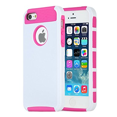 iPhone 5s Case, iPhone 5 Case, MTRONX™ Shockproof Heavy Duty Durable Hybrid Hard Soft TPU Armor Defender Case Cover Bumper For Apple iPhone 5, iPhone 5s, iPhone SE - White/Hot Pink(HC-WHHP)