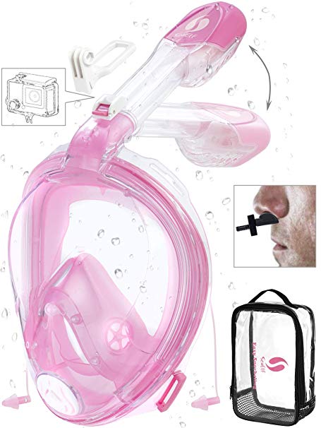 Full Face Snorkel Mask Easybreath Foldable Anti-UV Ear Equalizer 180° Panoramic Seaview Anti-Leak Anti-Fog with Camera Mount Earplugs Portable Bag for Adult Youth Kid