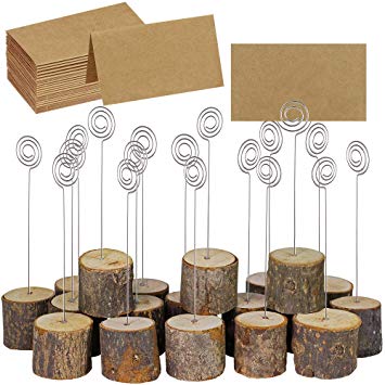 Supla 20 Pcs Rustic Wood Place Card Holders with Swirl Wire Wooden Bark Memo Holder Stand Card Photo Picture Note Clip Holders 5.8" and Kraft Place Cards Bulk for Wedding Party Table Number Name Sign