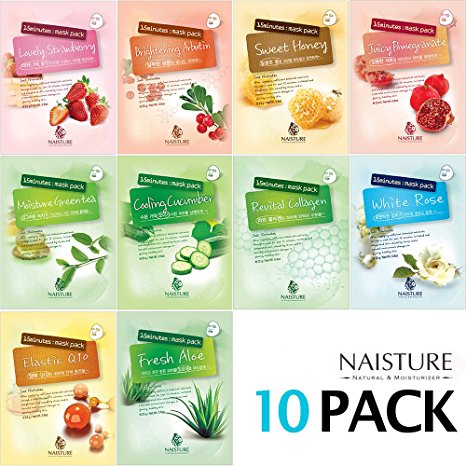 Collagen Facial Sheet Mask Pack (10 Sheets) Face Treatment [NAISTURE] Essence Face Masks - 15 Minute Application For Moisturizing Revitalizing Hydration 0.8 oz, Made in Korea - Assorted (1 of Each)
