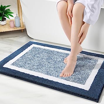 OLANLY Bathroom Rugs, Extra Soft and Absorbent Microfiber Bath Mat, Non-Slip, Machine Washable, Quick Dry Shaggy Bath Carpet, Suitable for Bathroom Floor, Tub, Shower (Navy and White, 24 x 16 Inches)