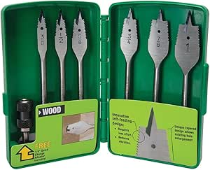 Greenlee 34AR-6 7-Piece Self-Feeding Spade Bit Set with 3/8" to 1" Spade Drill Bits, 1/4" Quick Change Adaptor, and Carrying Case, Spade Drill Bit Set for Wood