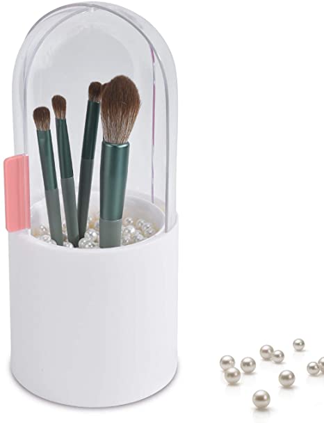 Makeup Brush Holder with Lid Large Makeup Brush Organizer Cosmetics Brushes Storage Box Brushes Display Case Sliding Dustproof Cover with Free White Pearl (White)