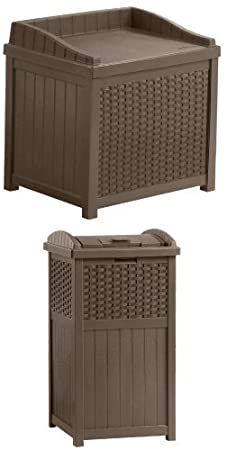 Suncast SSW1200 Mocha Resin Wicker 22-Gallon Storage Seat and Wicker Trash Hideaway Bundle