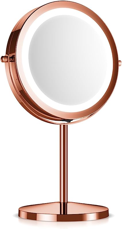 Navaris LED Illuminated Makeup Mirror - Two-Sided Vanity Mirror with Normal and 5X Magnification - 2-in-1 360° Swivel Cosmetics Mirror - Copper