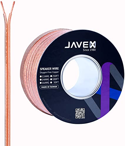 JAVEX Speaker Wire 14-Gauge [2.11mm2] [Oxygen-Free Copper 99.9%] Stranded Copper, Flat Cable, Cable for Hi-Fi Systems, Amplifiers, AV receivers and Car Audio Systems, 100FT [30.5CM]