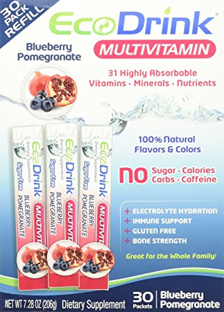 EcoDrink Complete Multivitamin Mix Drink. Blueberry Pomegranate Flavor - 30 Count Refill Pack (Bottle not included)
