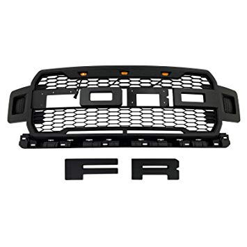 Front Grille Fits 2018-2019 FORD F150 ABS Mattle Raptor Style Honeycomb Grille with Conversion Letter (Black)