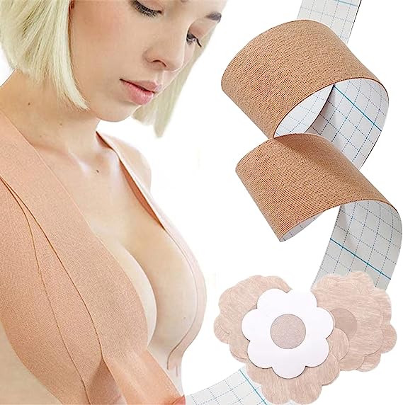 Boob Tape Set, 5m Boobytape with 2 Reusable Nipple Covers Breathable, Unseeable, and Skin-Friendly Booby Tape for Tit Support, Sweat Resistant Bob Tape for Large Breasts (Skin)