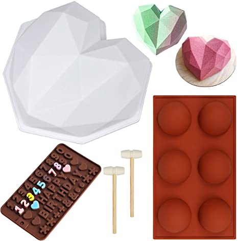 Yotako Diamond Heart Molds Chocolate Silicone Molds with 1 Pieces Semi Sphere Silicone Mold,Wooden Hammers Mallet and Letter Number Chocolate Mold for Baking Chocolate Valentine's Day Cake