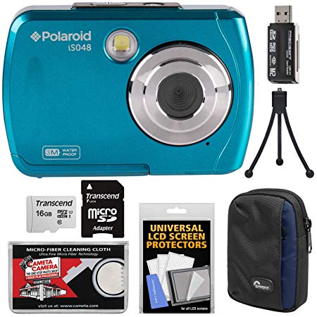 Polaroid iS048 Waterproof Digital Camera (Teal) with 16GB Card   Case   Mini Tripod   Kit