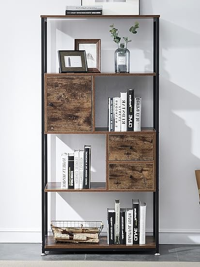 VECELO Bookshelf,4-Tier Book Shelf with 2 Storage Drawers and 1 Cabinet, Metal Frame Open Bookcase,Rustic Brown