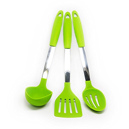 Quicklids QL-US-A-GR Silicone and Stainless Steel Kitchen Utensils (Set of 3), Turner/Slotted Spoon/Ladle, Green