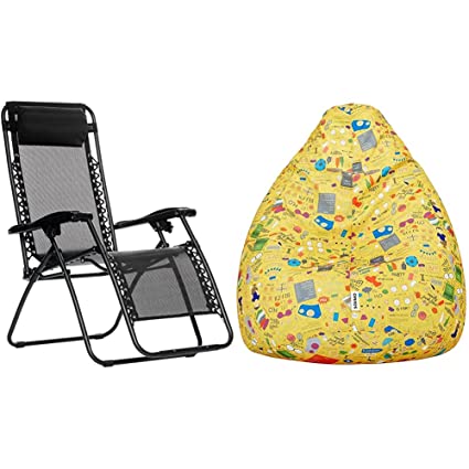 AmazonBasics Zero Gravity Reclining Lounge Portable Chair, Black and Amazon Brand - Solimo Jaunty Yellow XXXL Printed Bean Bag Cover Without Beans