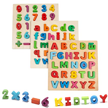Jamohom Wooden Alphabet Puzzles Set Upper Case, Lower Case Letter and Numbers Learning Board Early Educational Toy for Kids