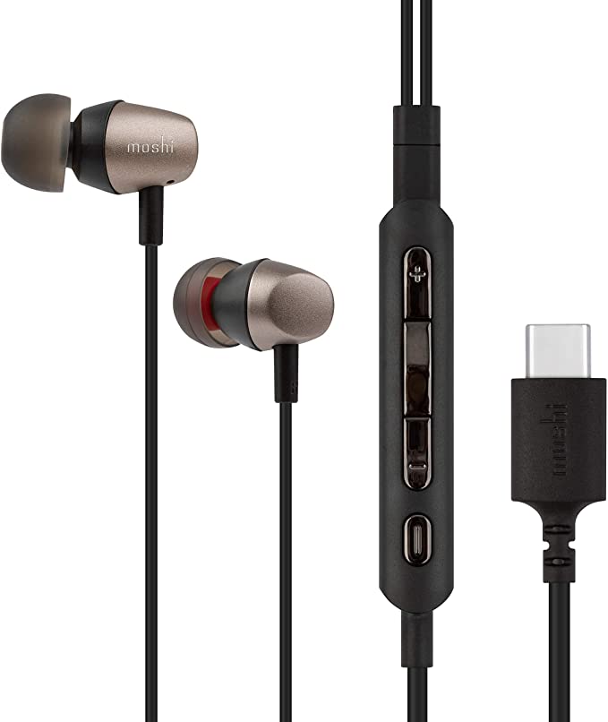 Moshi Mythro C USB Type-C, USB-C Earphones, Noise Isolation, DAC 24-bit/96 kHz,4 Button Control Microphone, Hybrid Injection eartips - Gray
