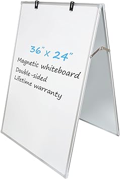 JILoffice Dry Erase Board, Magnetic White Board 36 X 24 Inch, Double Sided Whiteboard Easel, Silver Aluminum Frame with Two Flipchart Hooks for Office Home and School