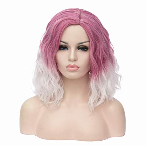 Mildiso Short Pink White Wigs for Women Curly Wavy Synthetic Hair Cosplay Halloween Wigs with Wig Cap (Pink/White) M004