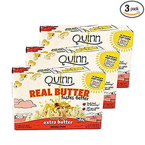Quinn Snacks Real Butter Tastes Better - Microwave Popcorn Made With Grass-Fed Butter - Great Snack Food For Movie Night - Extra Butter, 3.7 Ounce (3 Count)
