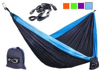 Double Outdoor Camping Hammocks - Weather Resistant Lightweight Parachute Nylon- Includes Stretch Resistant Tree Strap Suspension System With 16 Loops Per Strap Making These Perfect for Travel, Hiking or Backpacking- (Indoor/Outdoors Hammock Hanging Kit Sold Separately)